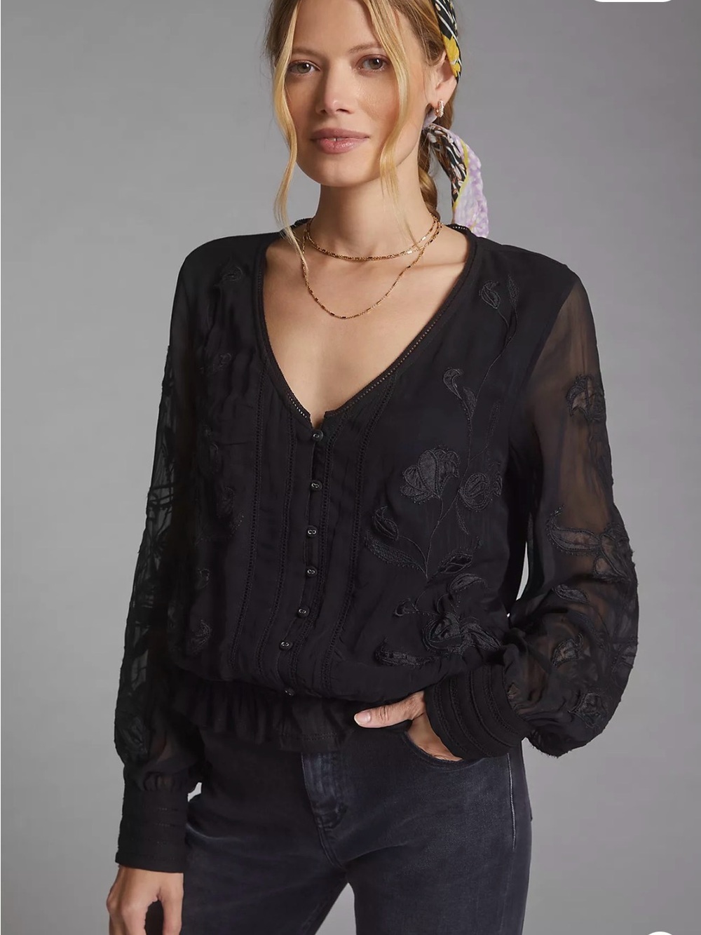 Anthropologie Embroidered Floral Peasant Top